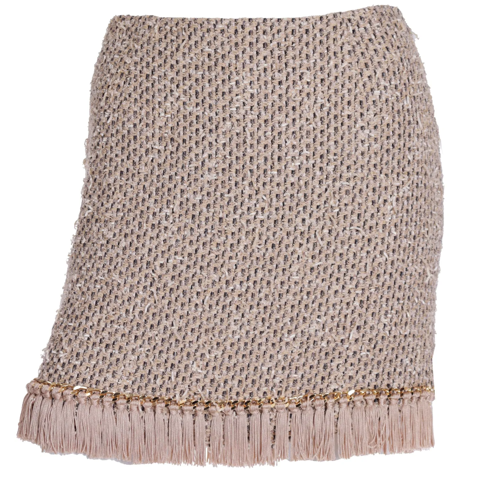 2000s Vintage Moschino Beige Woven Fringe Mini Skirt w Gold Chain