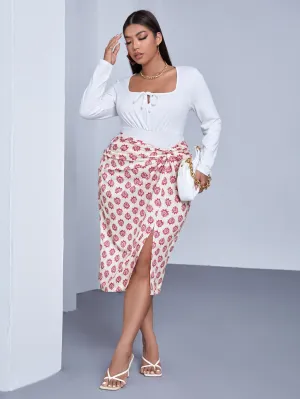 All Over Print Split Thigh Midi Plus Size Skirt