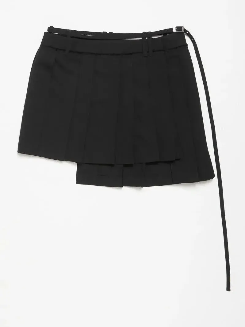 Asymmetrical Belted Pleated Black Mini Skirt