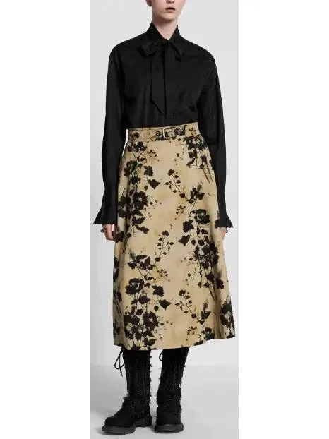 Beige and Black Floral Cotton Gabardine Flared Mid-Length Skirt