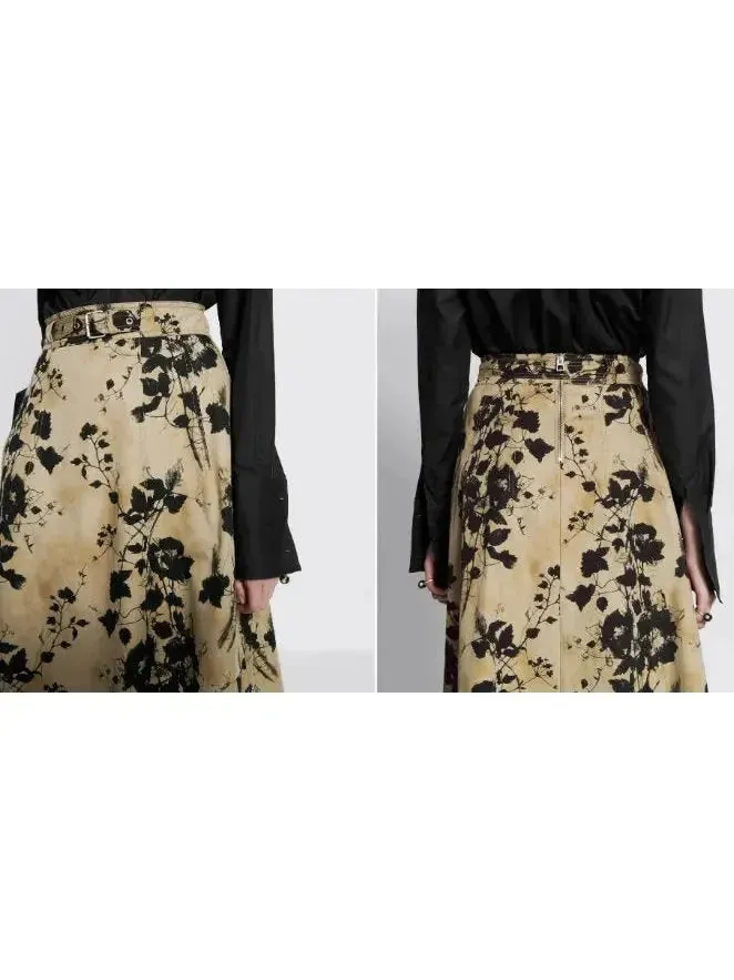 Beige and Black Floral Cotton Gabardine Flared Mid-Length Skirt