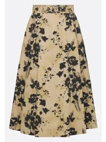 Beige and Black Floral Cotton Gabardine Flared Mid-Length Skirt