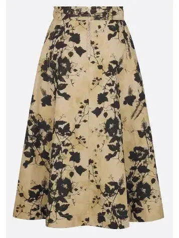 Beige and Black Floral Cotton Gabardine Flared Mid-Length Skirt