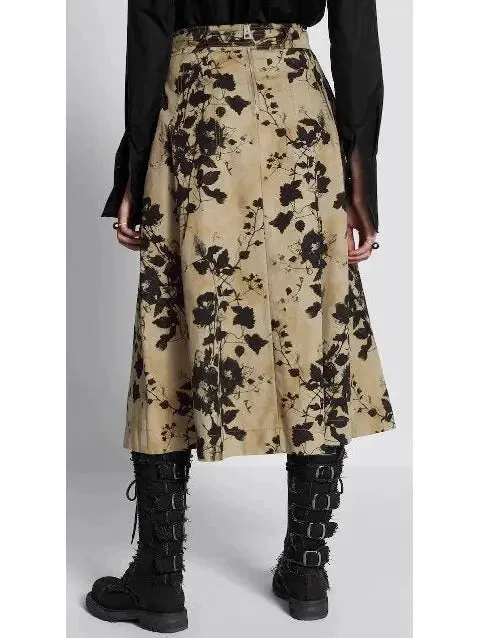 Beige and Black Floral Cotton Gabardine Flared Mid-Length Skirt