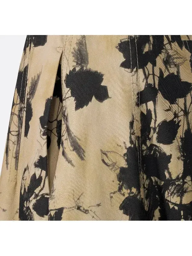 Beige and Black Floral Cotton Gabardine Flared Mid-Length Skirt