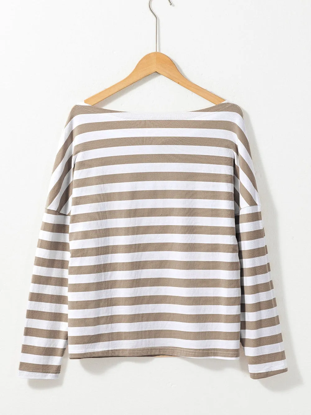 Beige and White Striped Boat Neck Top