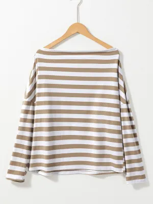 Beige and White Striped Boat Neck Top