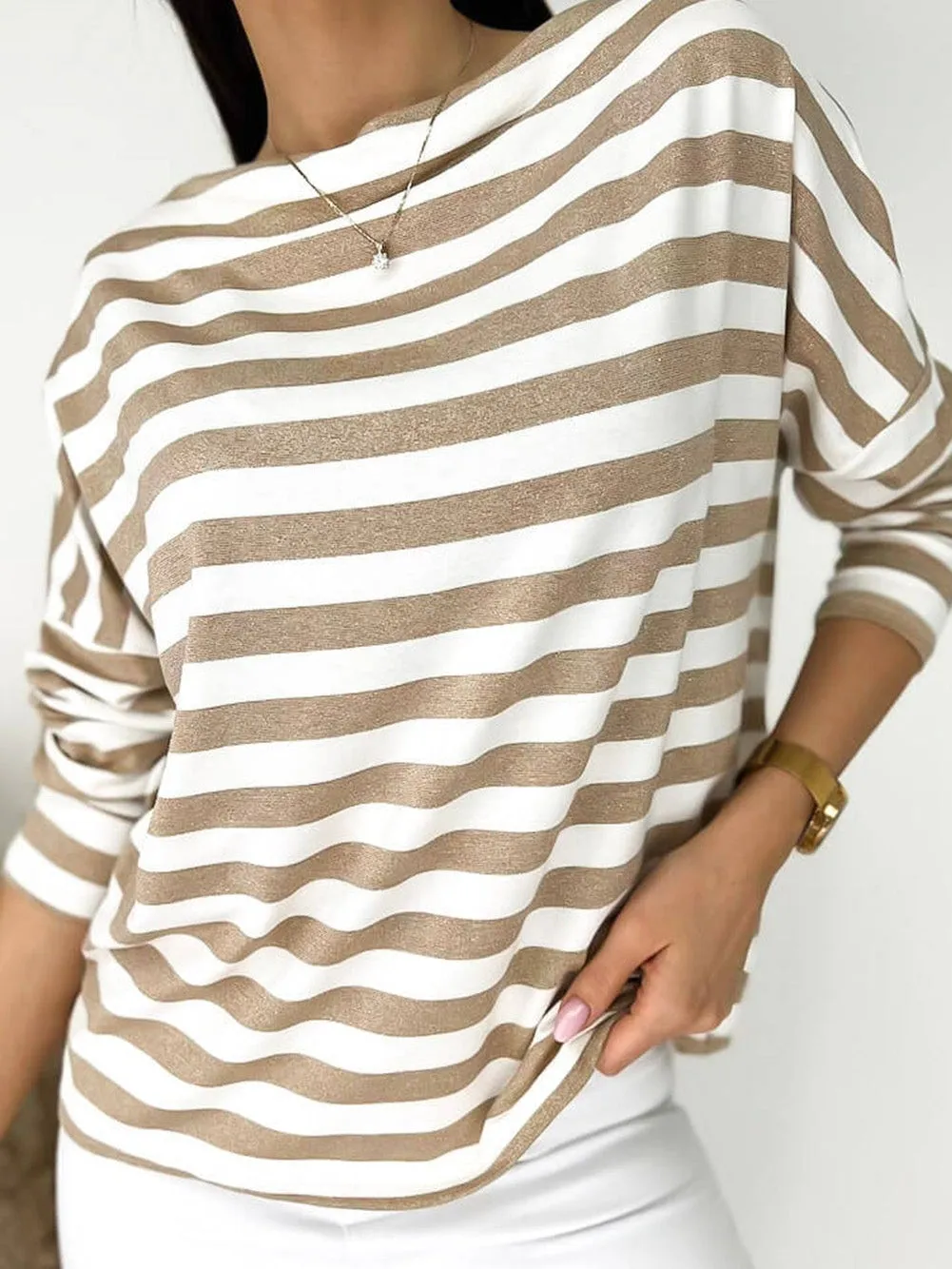 Beige and White Striped Boat Neck Top