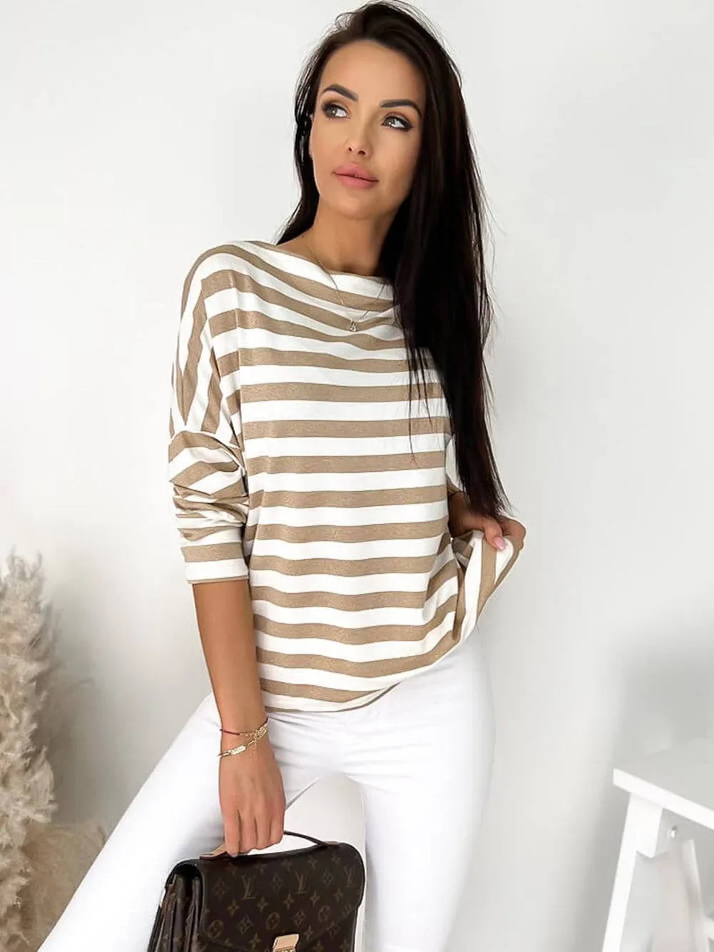 Beige and White Striped Boat Neck Top