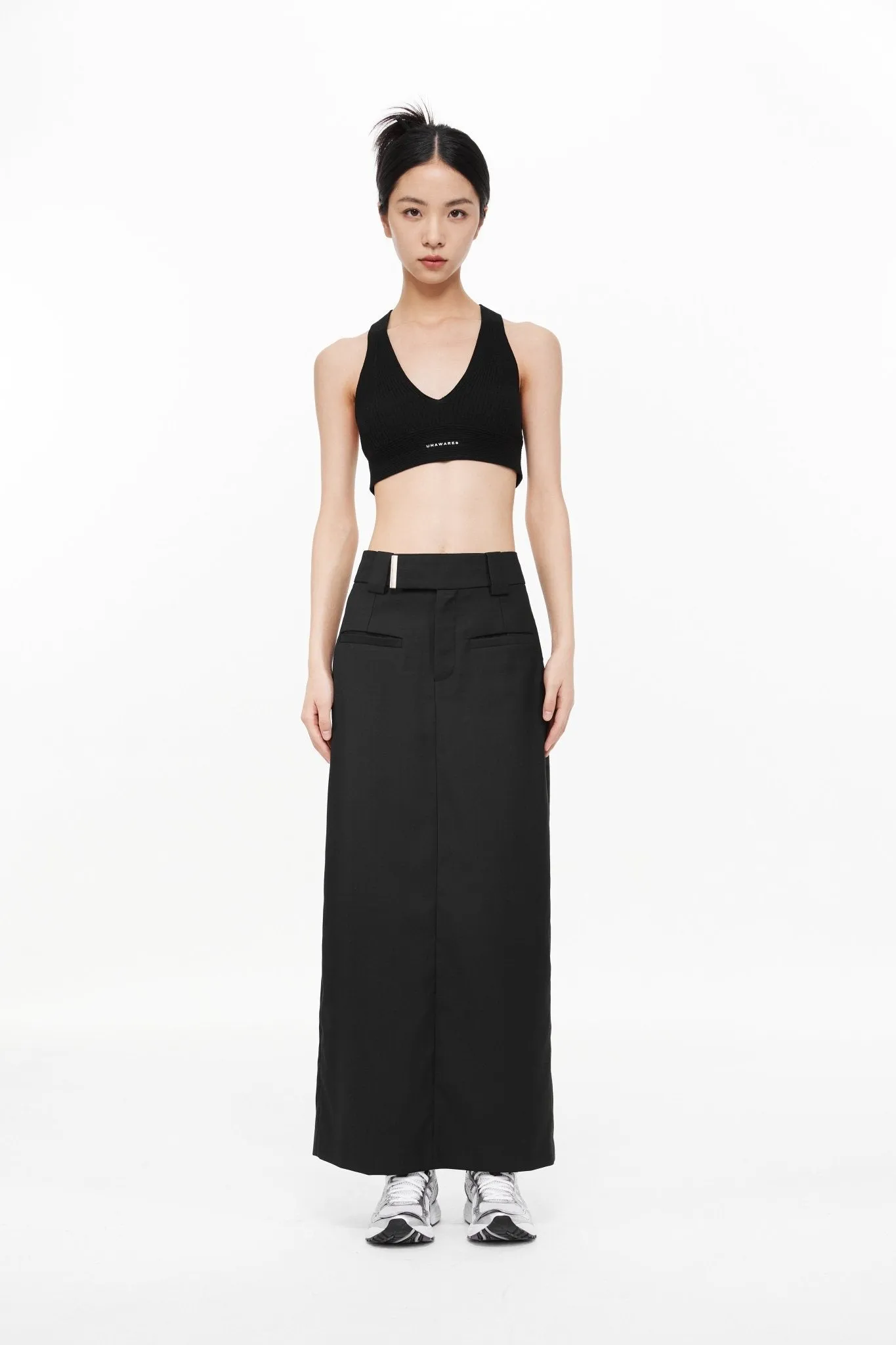 Black Custom Metal Clip Side-Slit Mid-Length Skirt