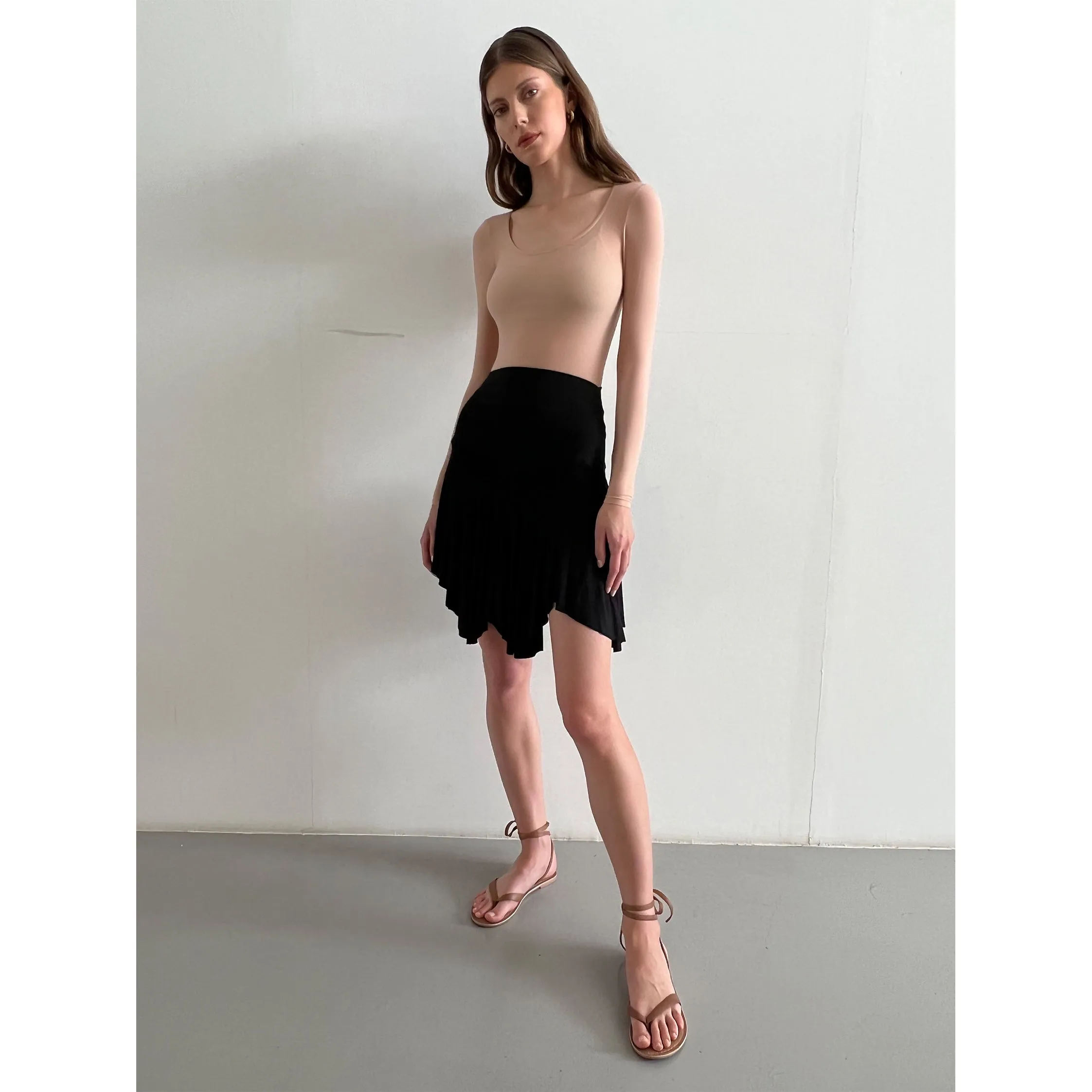 Black Modal Jersey Godet Skirt Sculpting Waistband