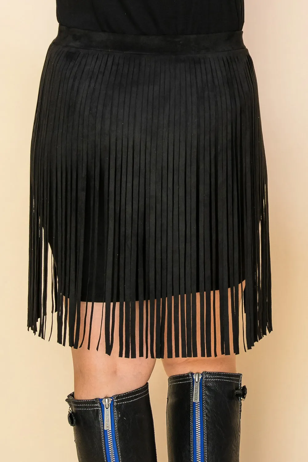 Black Plus Size Faux Suede Fringed Skirt