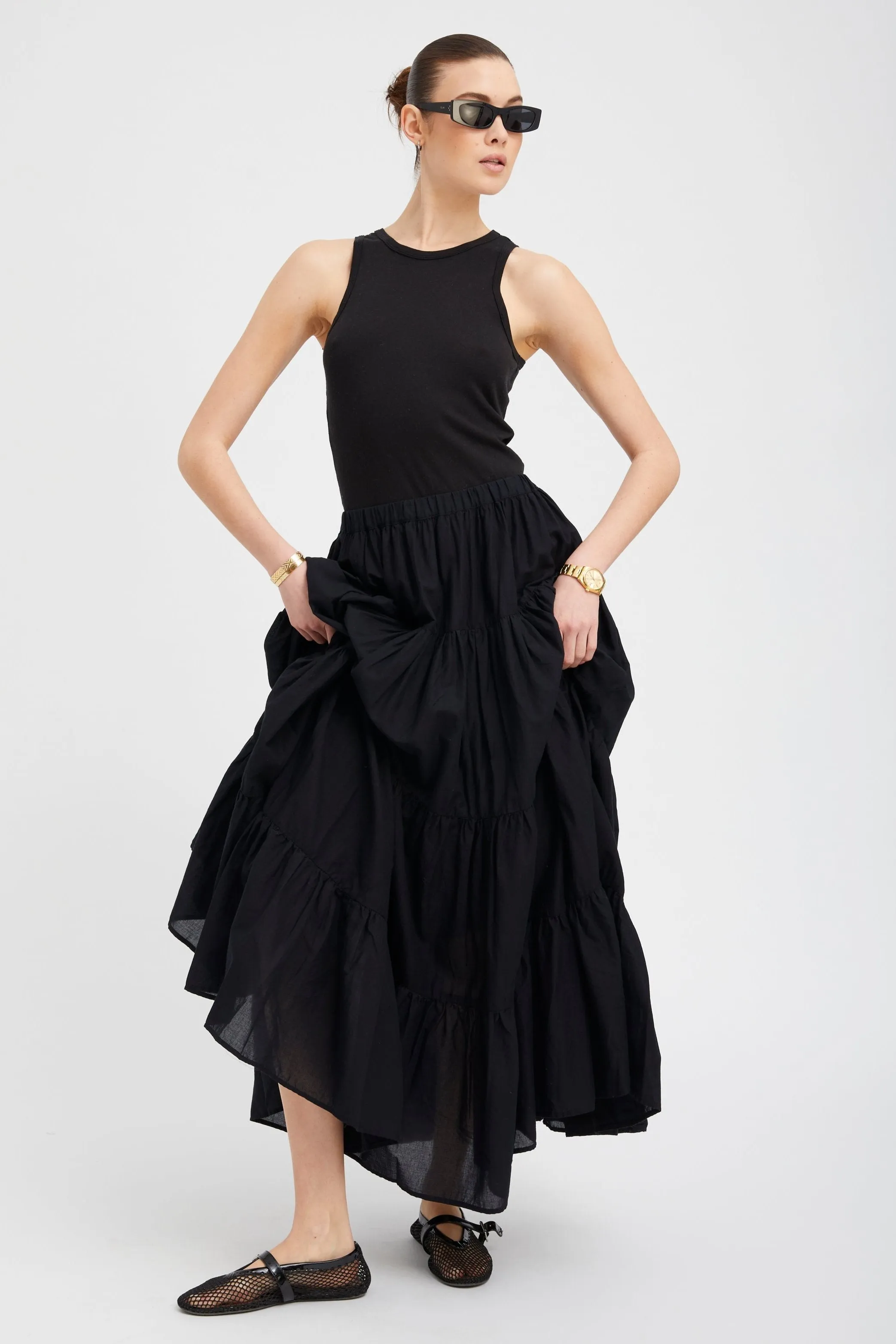 Black Voile Tiered Maxi Skirt