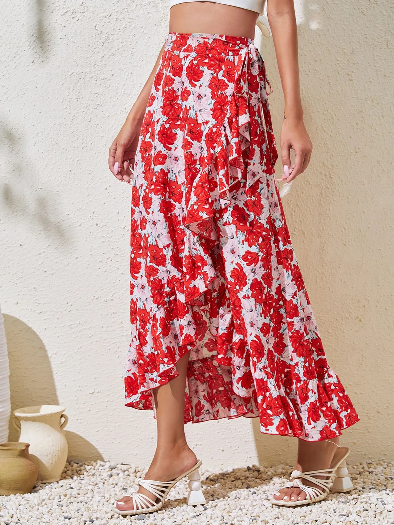 Boho All Over Print Ruffle Hem High Waist Maxi Women Skirts