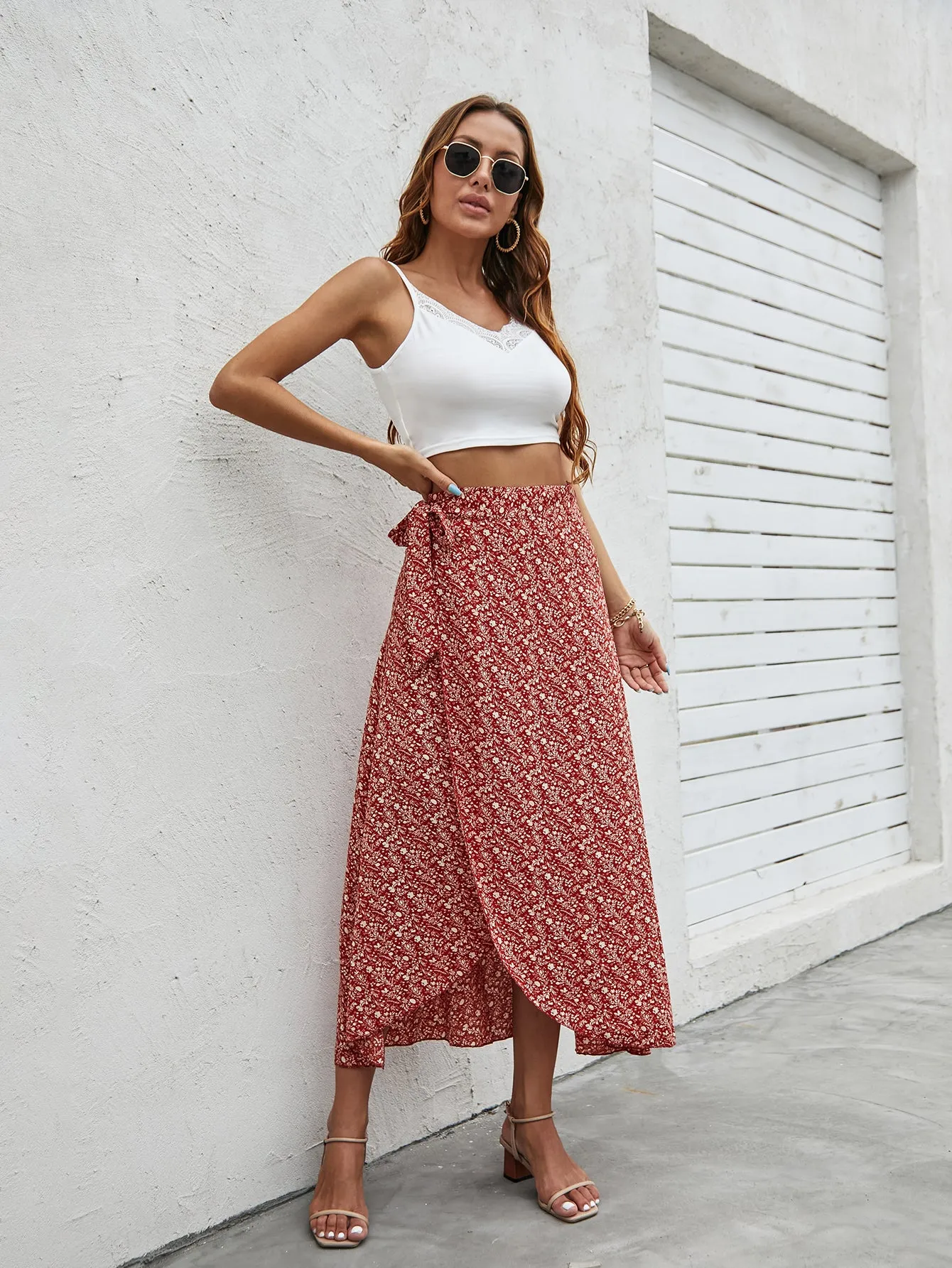 Boho Ditsy Floral Knot High Waist Long Women Skirt