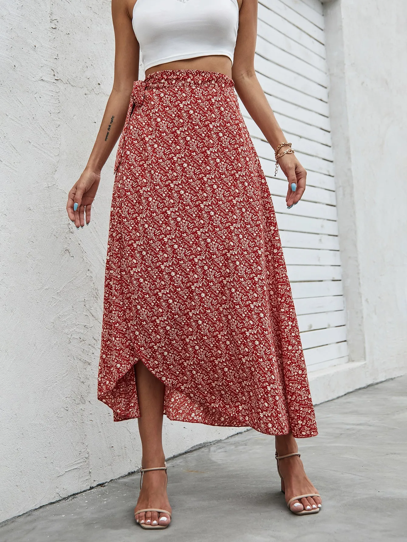 Boho Ditsy Floral Knot High Waist Long Women Skirt