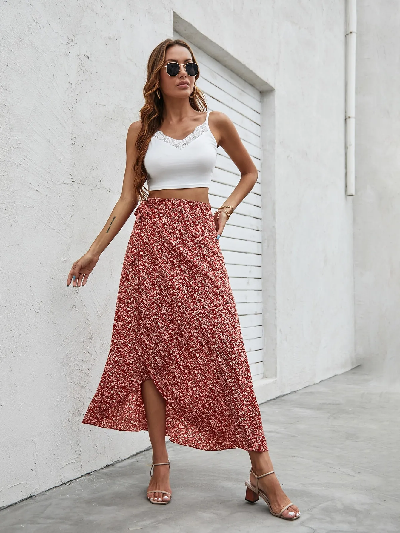 Boho Ditsy Floral Knot High Waist Long Women Skirt