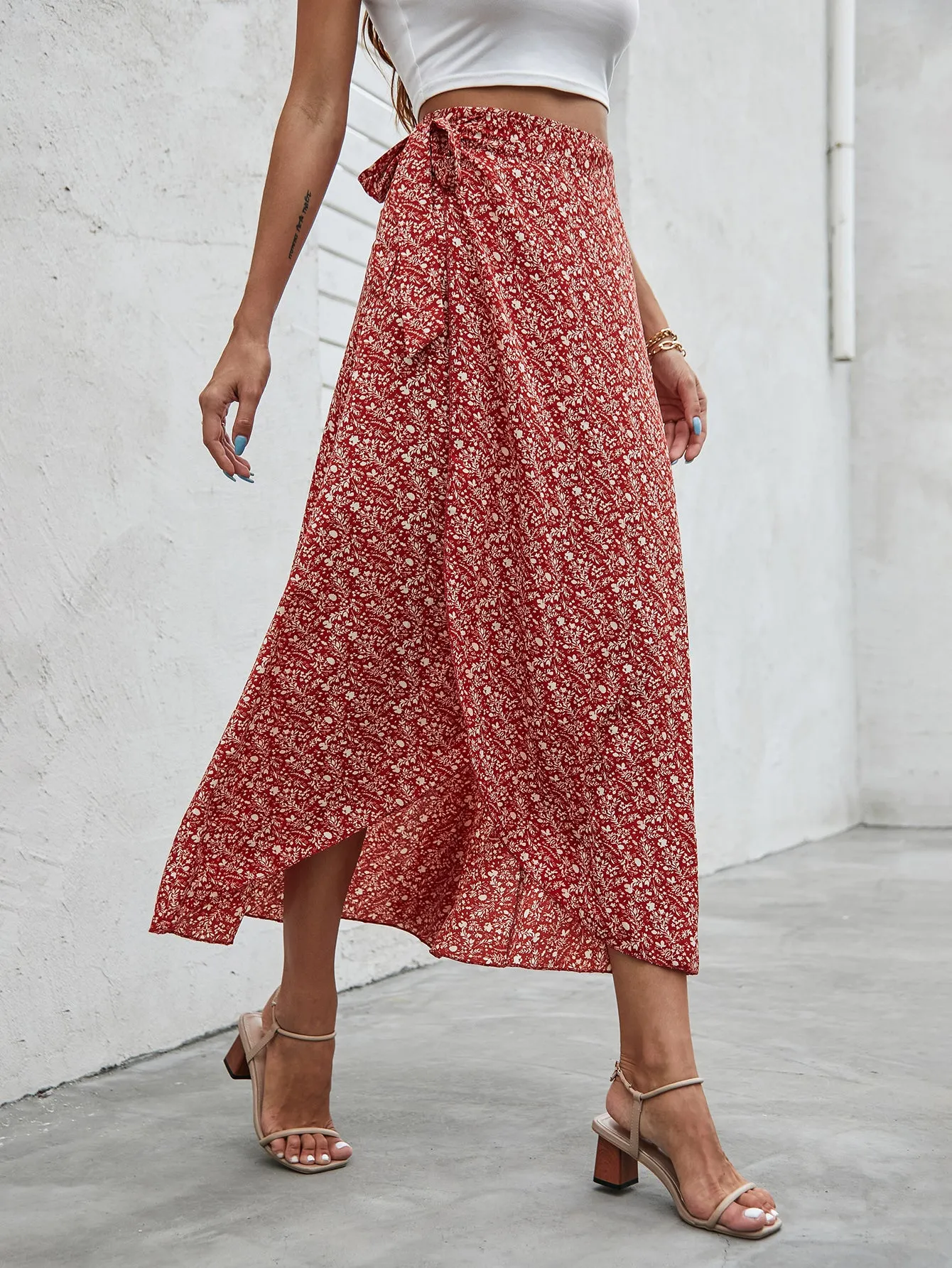 Boho Ditsy Floral Knot High Waist Long Women Skirt