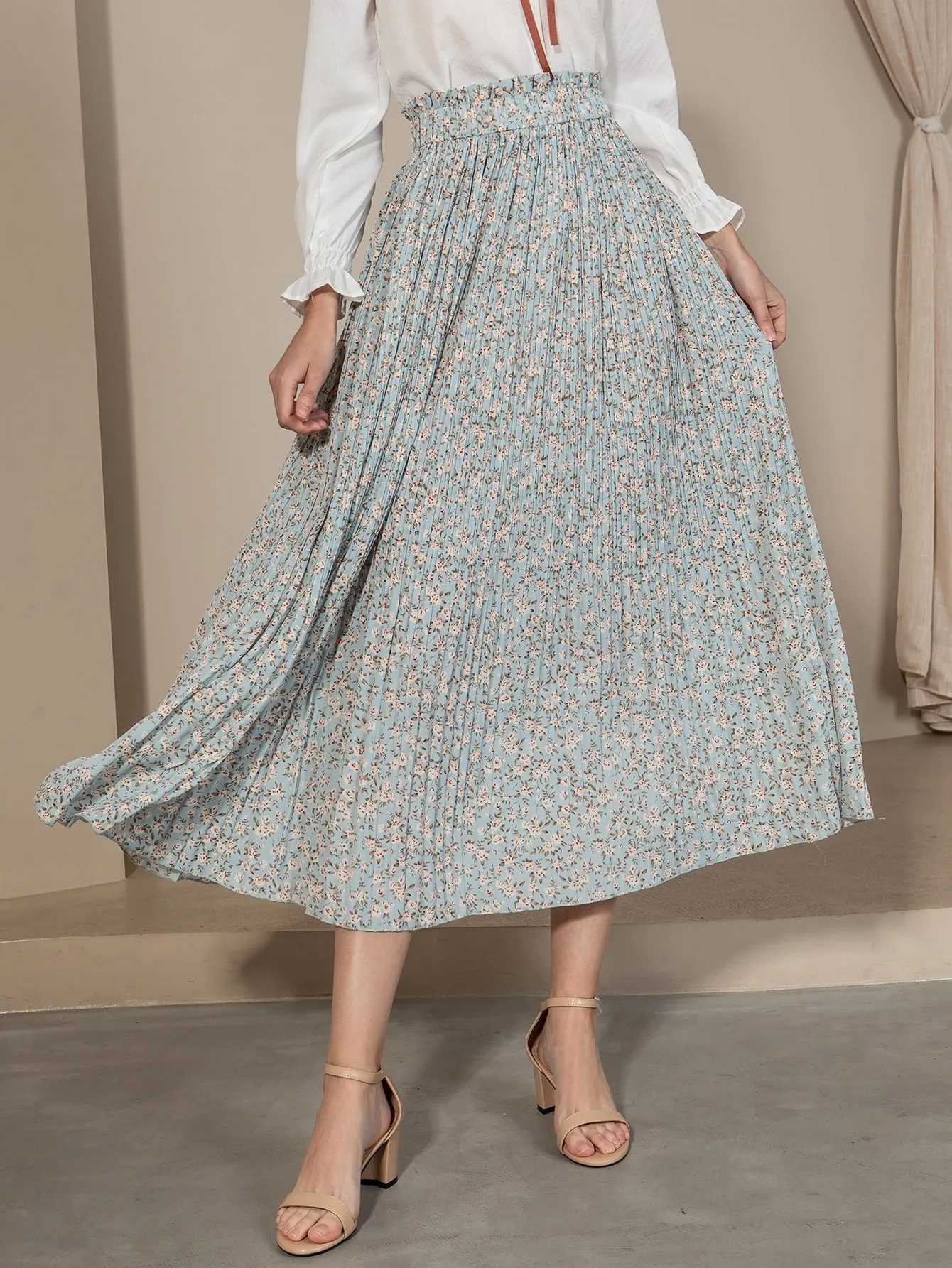 Boho Ditsy Floral Paper Bag Waist High Waist Long Women Skirt