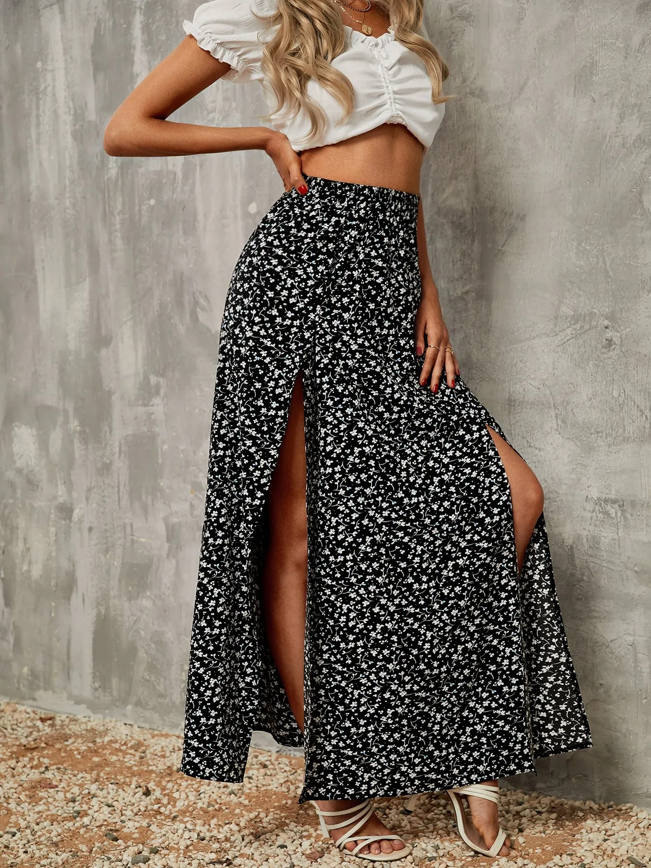 Boho Ditsy Floral Split Thigh High Waist Maxi Women Skirt