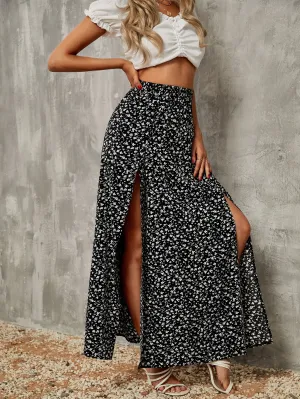 Boho Ditsy Floral Split Thigh High Waist Maxi Women Skirt