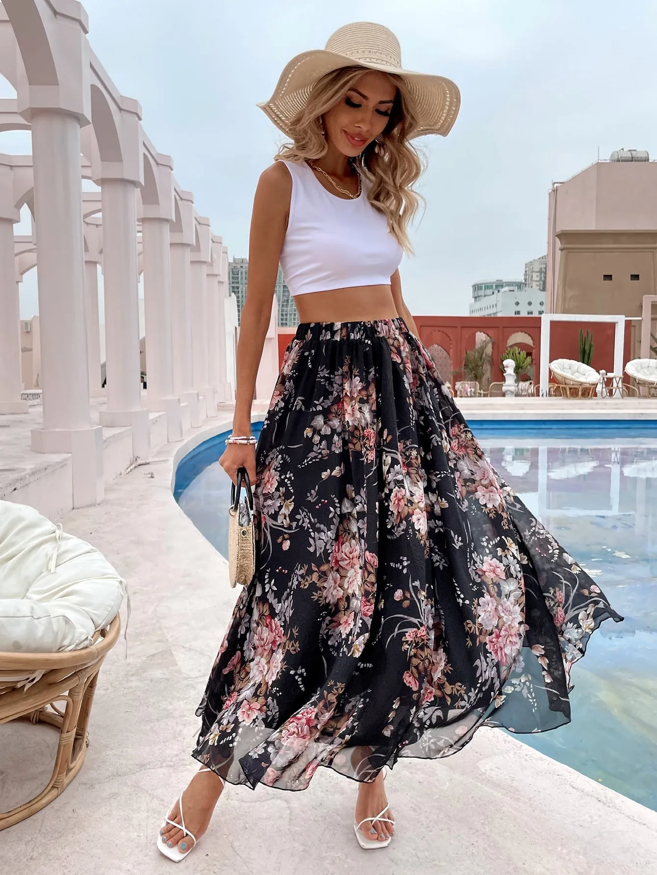 Boho Floral High Waist Maxi Women Skirt