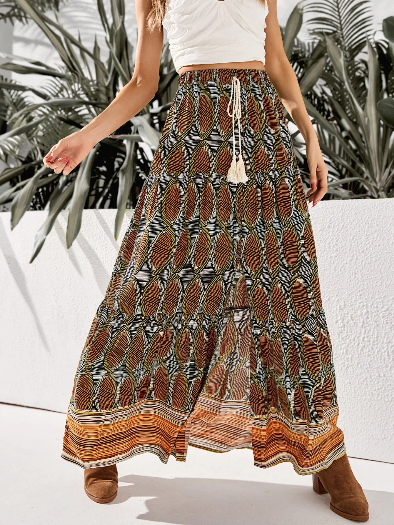 Boho Floral Ruffle Hem High Waist Maxi Women Skirt