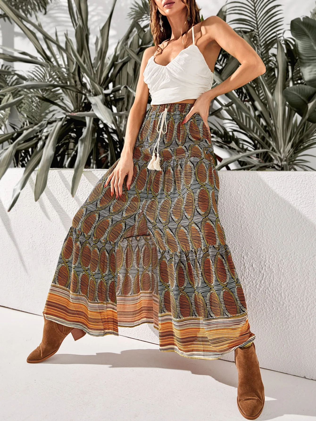 Boho Floral Ruffle Hem High Waist Maxi Women Skirt