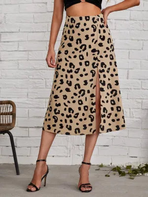 Boho Leopard Split Thigh High Waist Midi Women Skirt