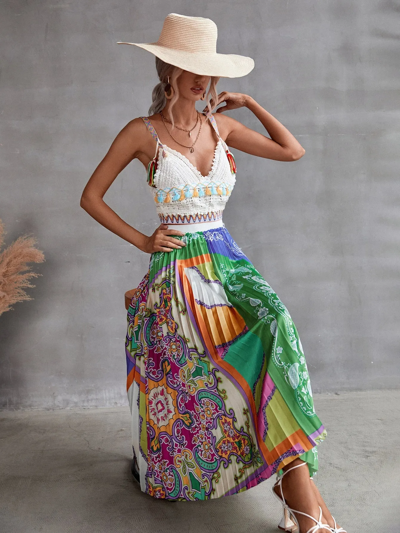 Boho Paisley Pleated High Waist Long Women Skirt