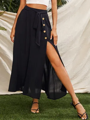 Boho Plain Button Front High Waist Long Women Skirt