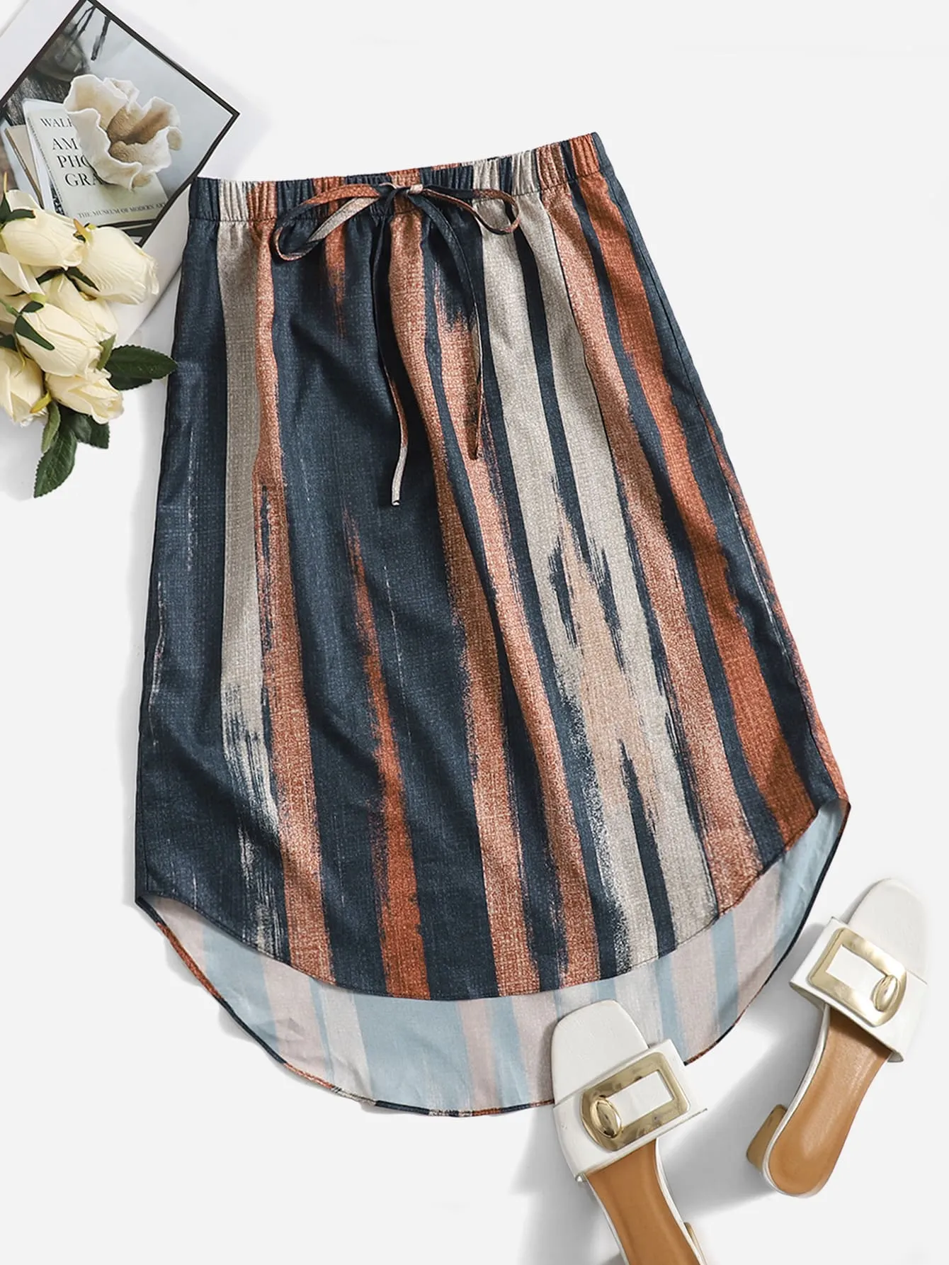 Boho Striped High Low Natural Short Women Skirt