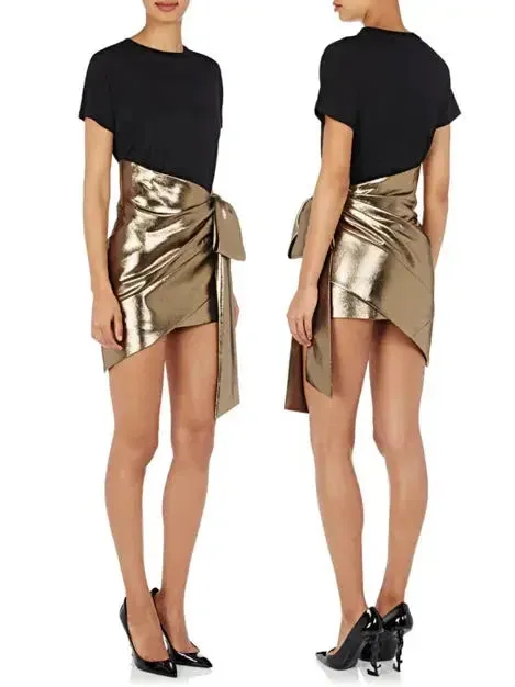 Bow-Accented Gold Lamé Mini Skirt