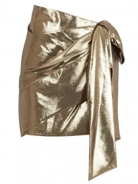 Bow-Accented Gold Lamé Mini Skirt