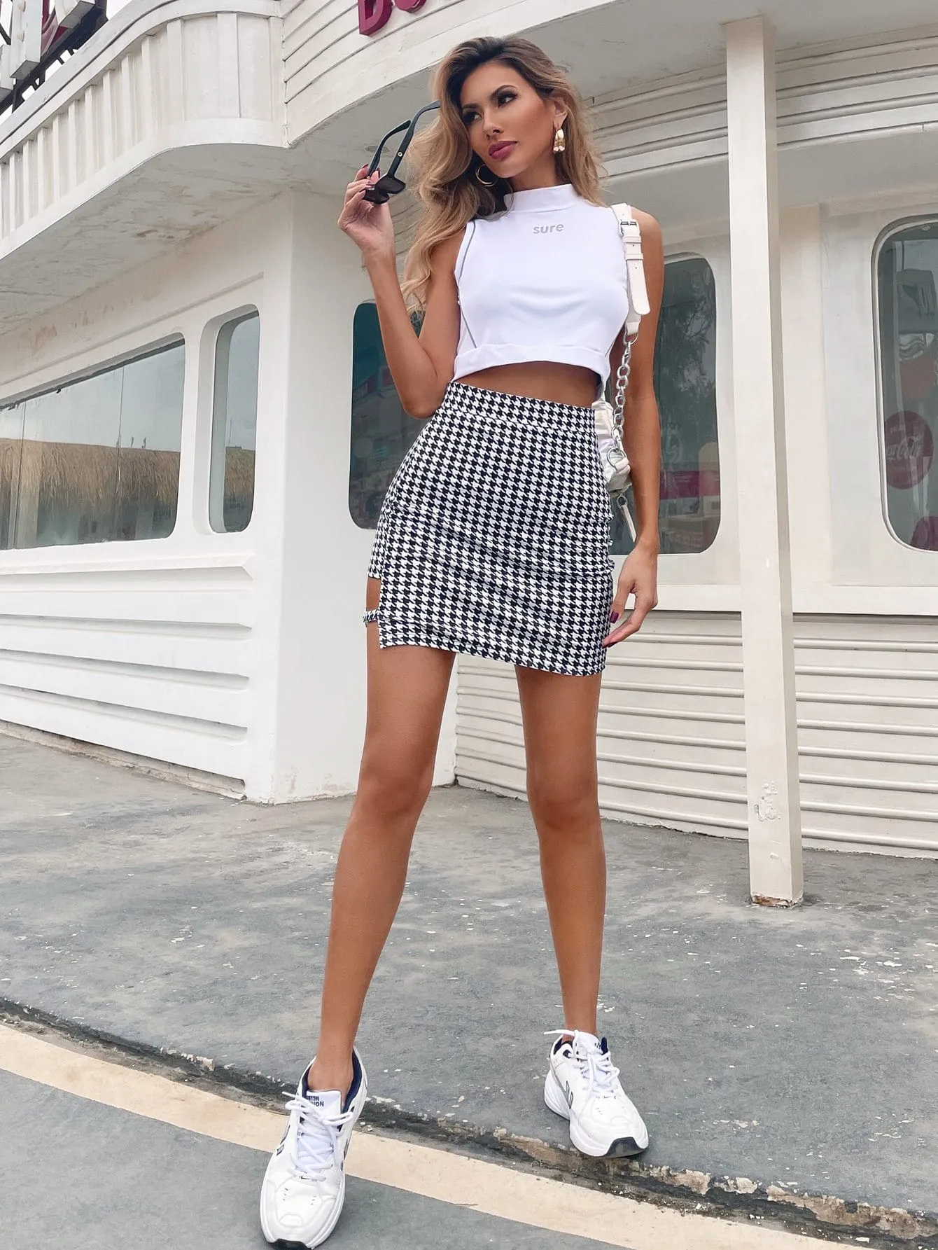 Casual Houndstooth Cut Out High Waist Mini Women Skirt