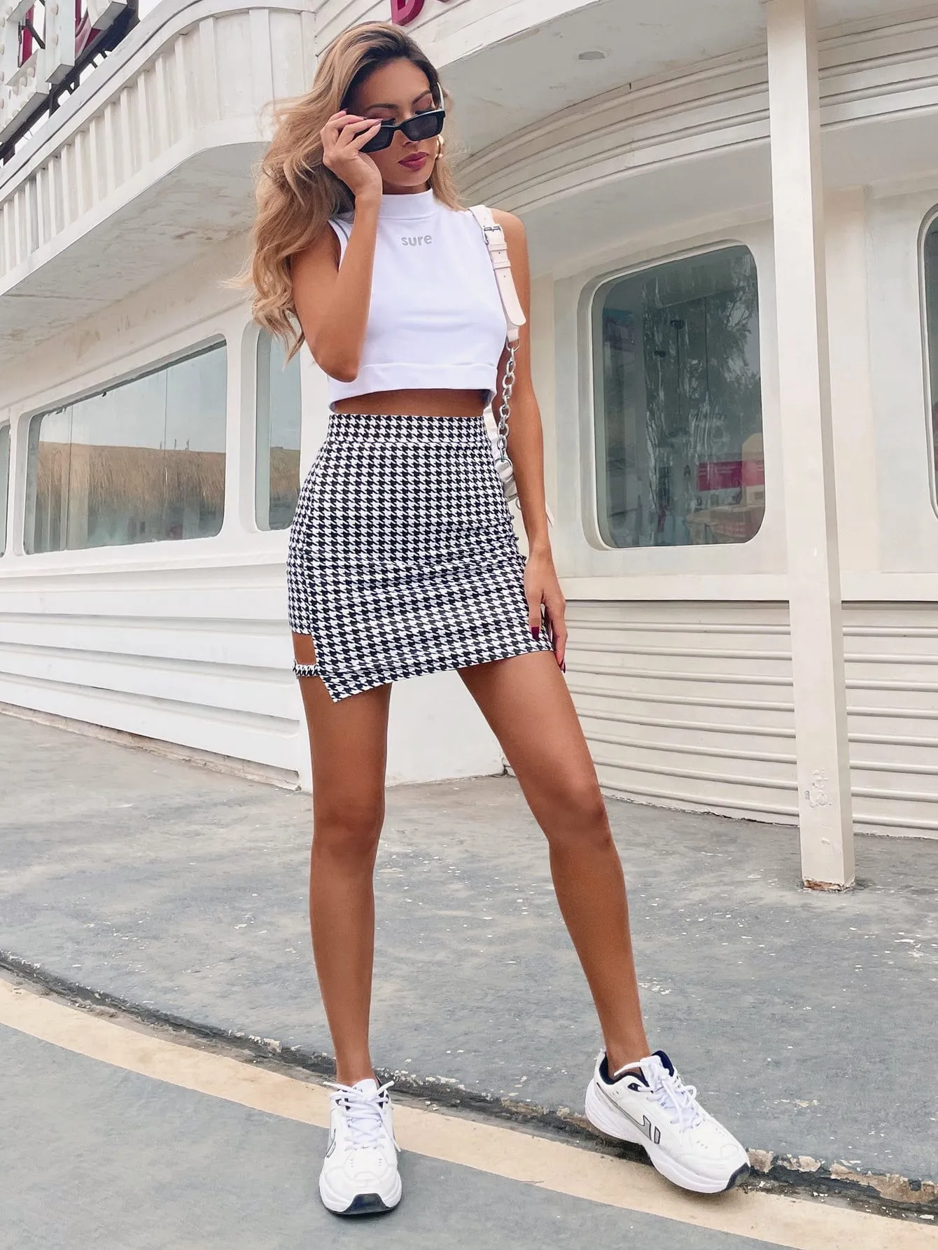 Casual Houndstooth Cut Out High Waist Mini Women Skirt