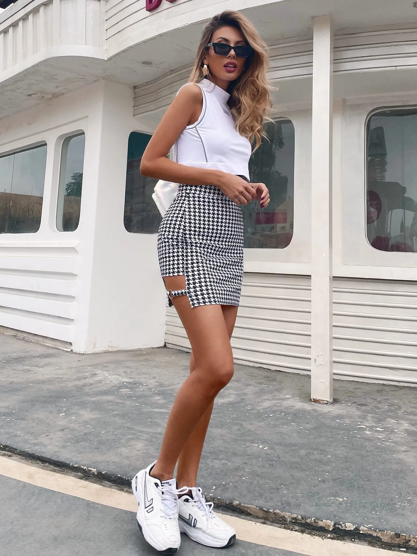 Casual Houndstooth Cut Out High Waist Mini Women Skirt