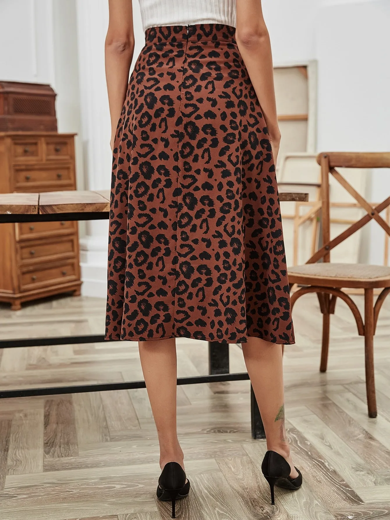 Casual Leopard Split Thigh High Waist Midi Women Skirt