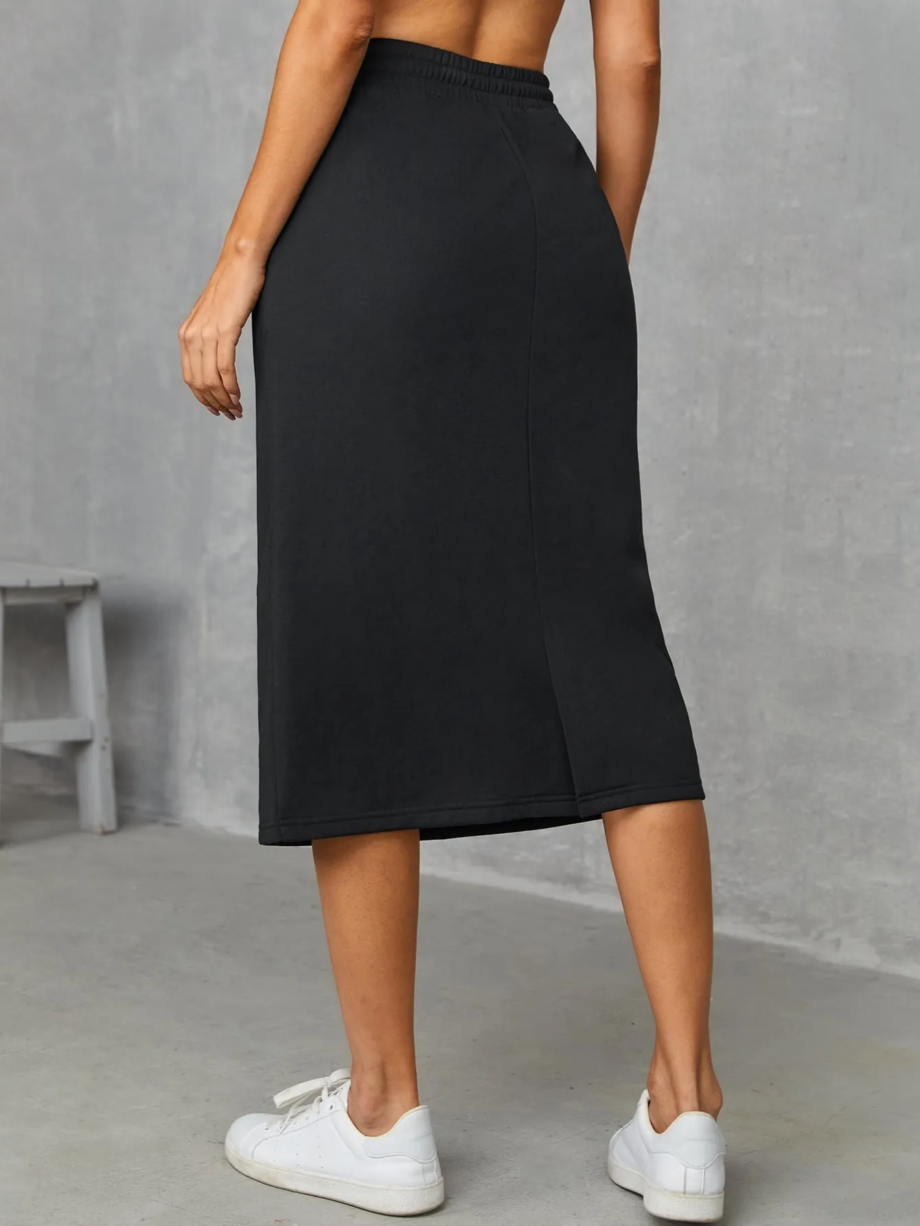 Casual Plain Pocket High Waist Midi Women Skirt