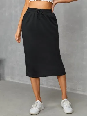 Casual Plain Pocket High Waist Midi Women Skirt