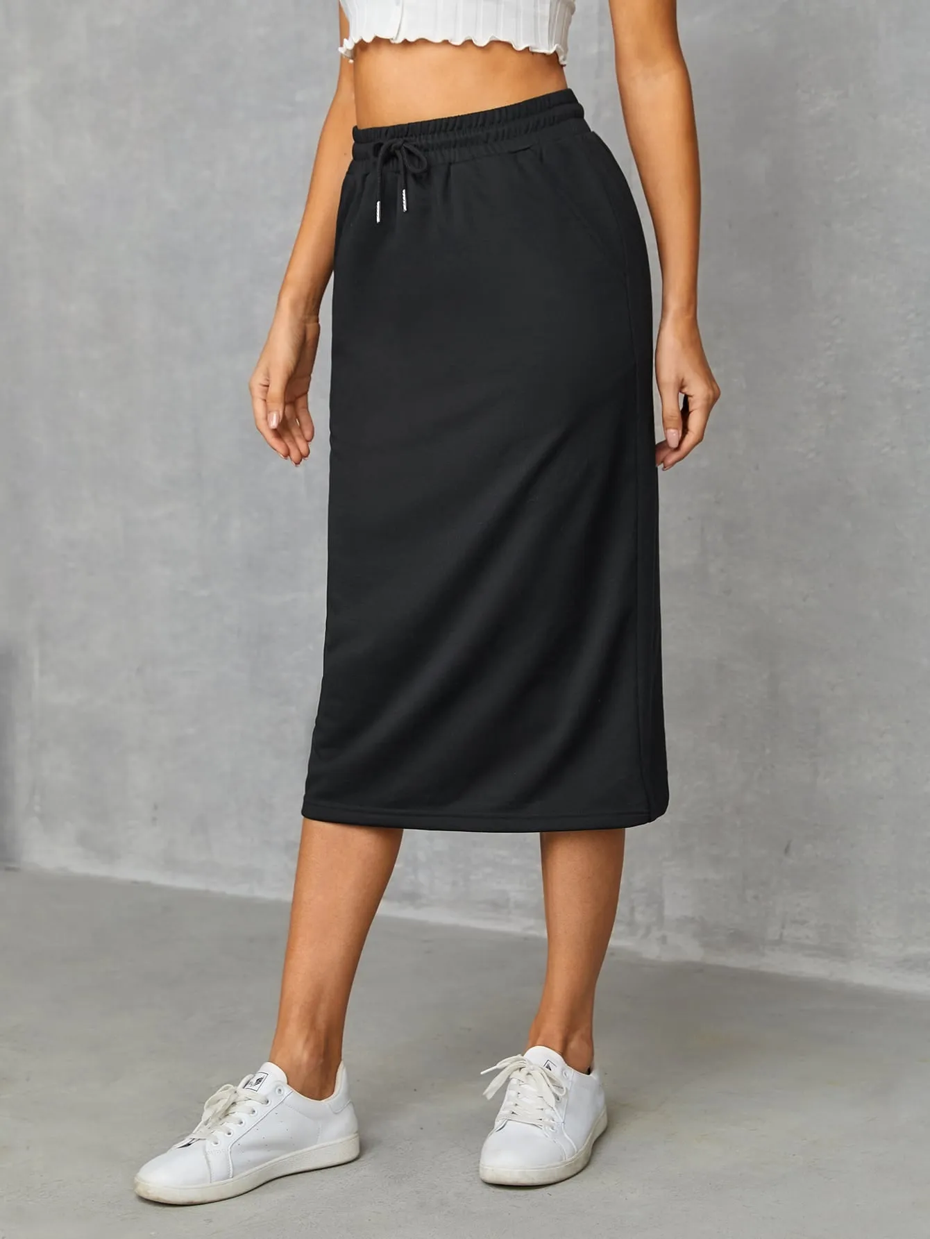 Casual Plain Pocket High Waist Midi Women Skirt