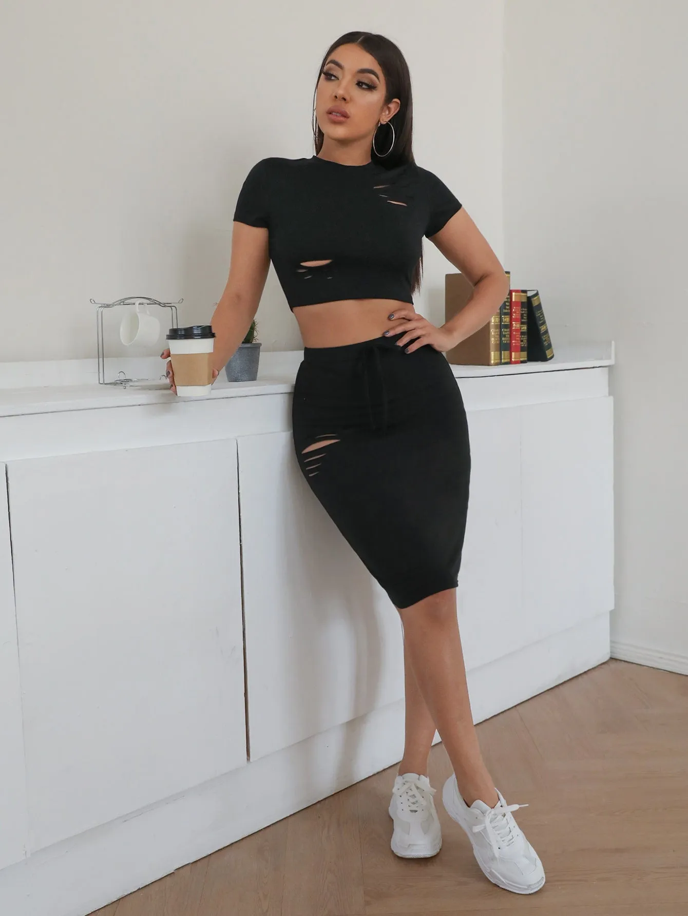 Casual Plain Tie Front High Waist Knee Length Women Skirt