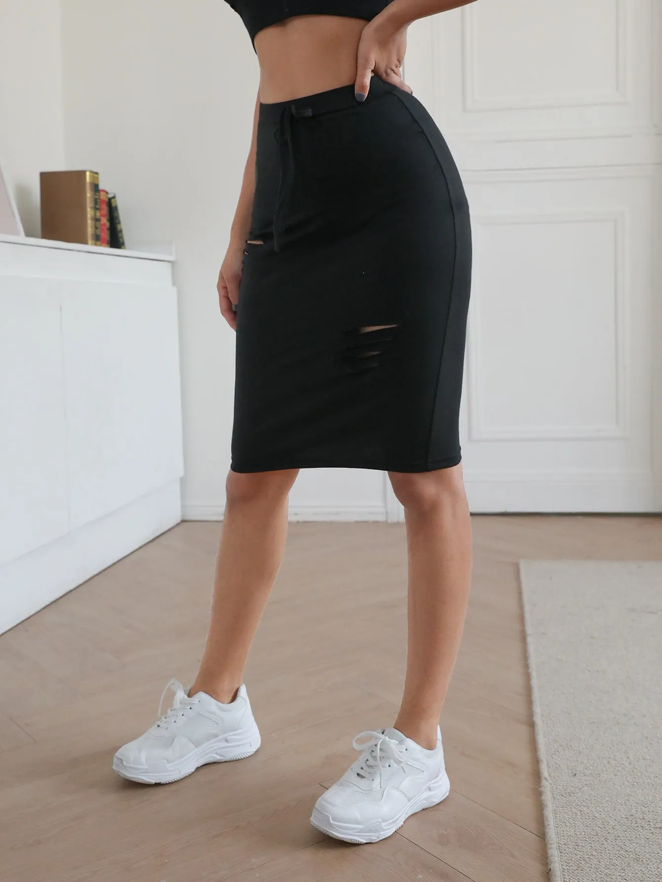 Casual Plain Tie Front High Waist Knee Length Women Skirt