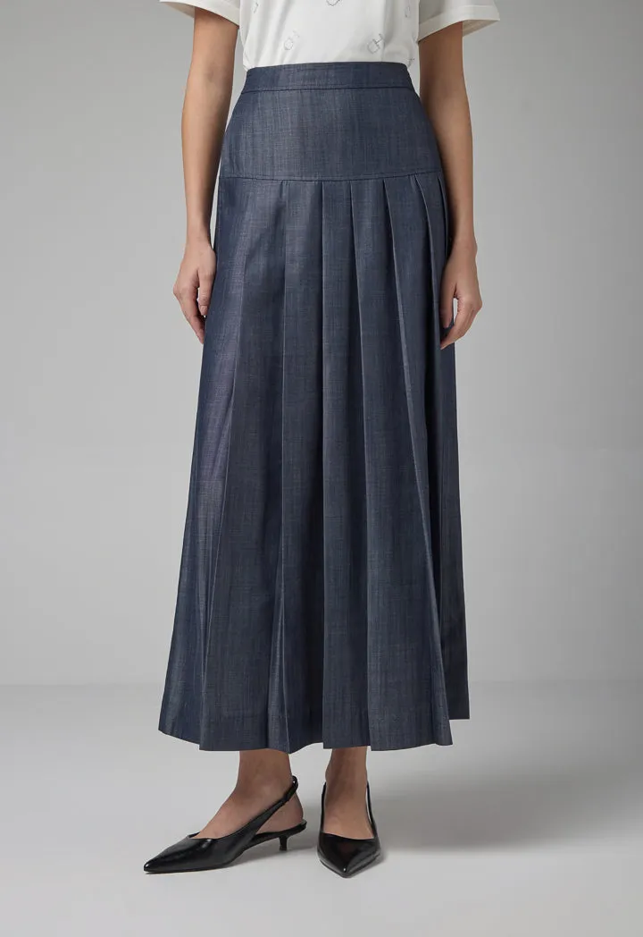 Choice Single Tone Pleated Flared Maxi Skirt Indigo