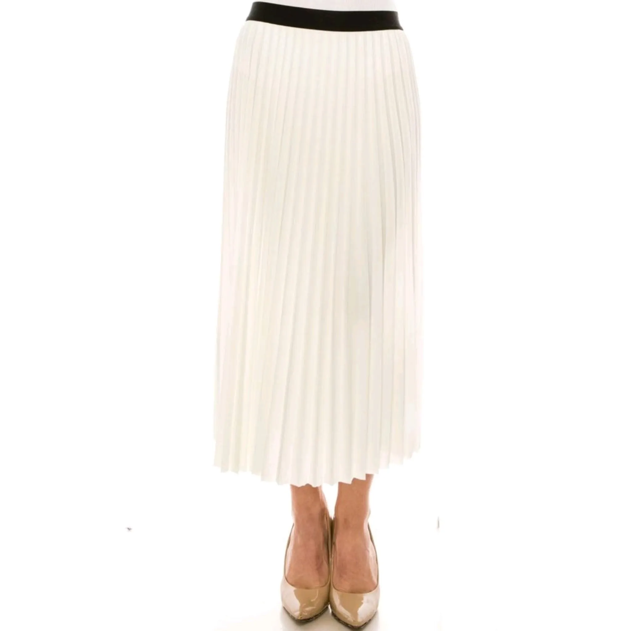 Crepe Pleated White Midi Skirt