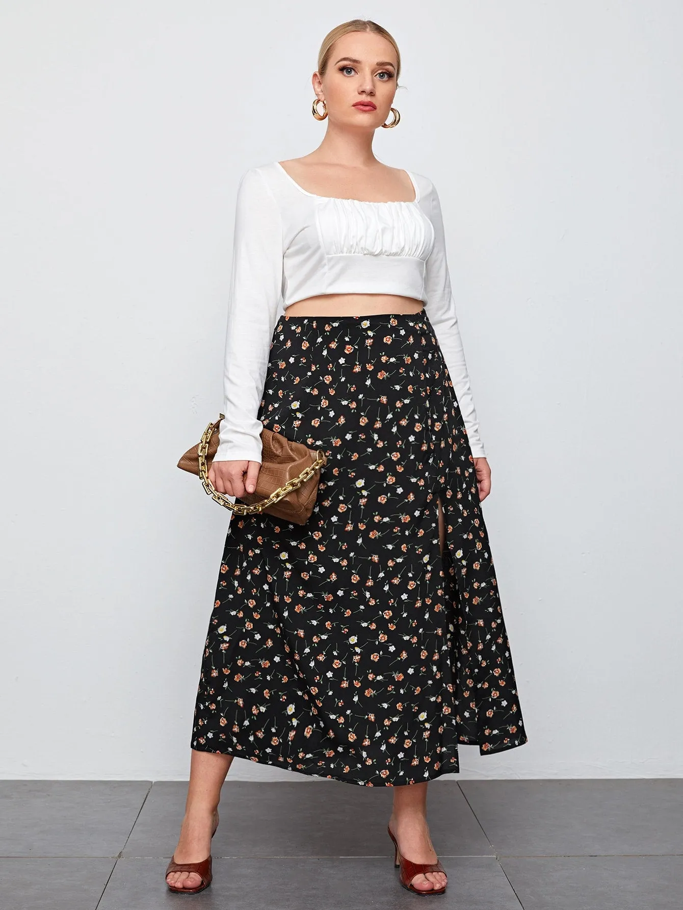 Ditsy Floral Split Long Plus Size Skirt