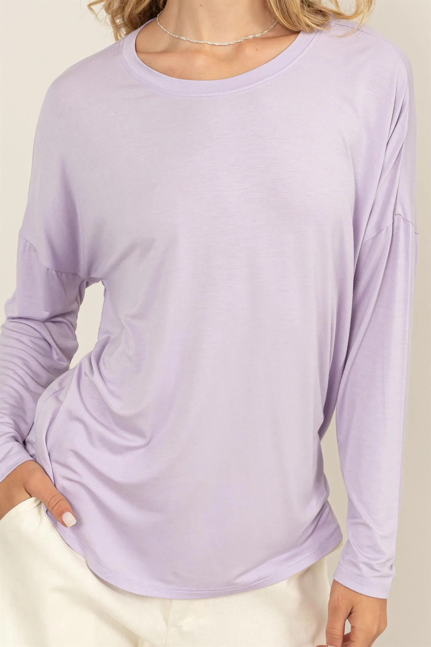 DZ24F349-Round Neck Long Sleeve Curved Hem Top