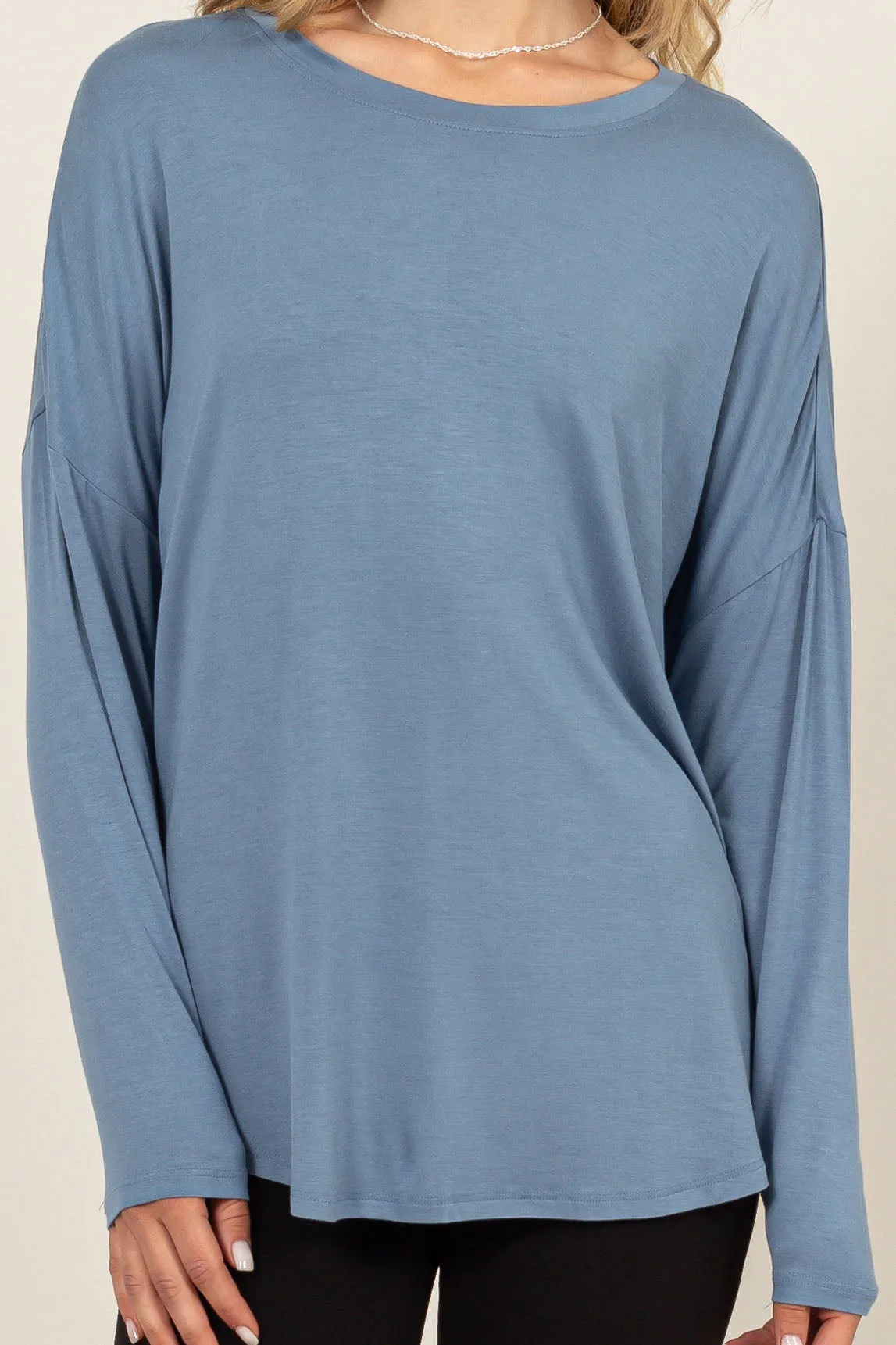 DZ24F349-Round Neck Long Sleeve Curved Hem Top