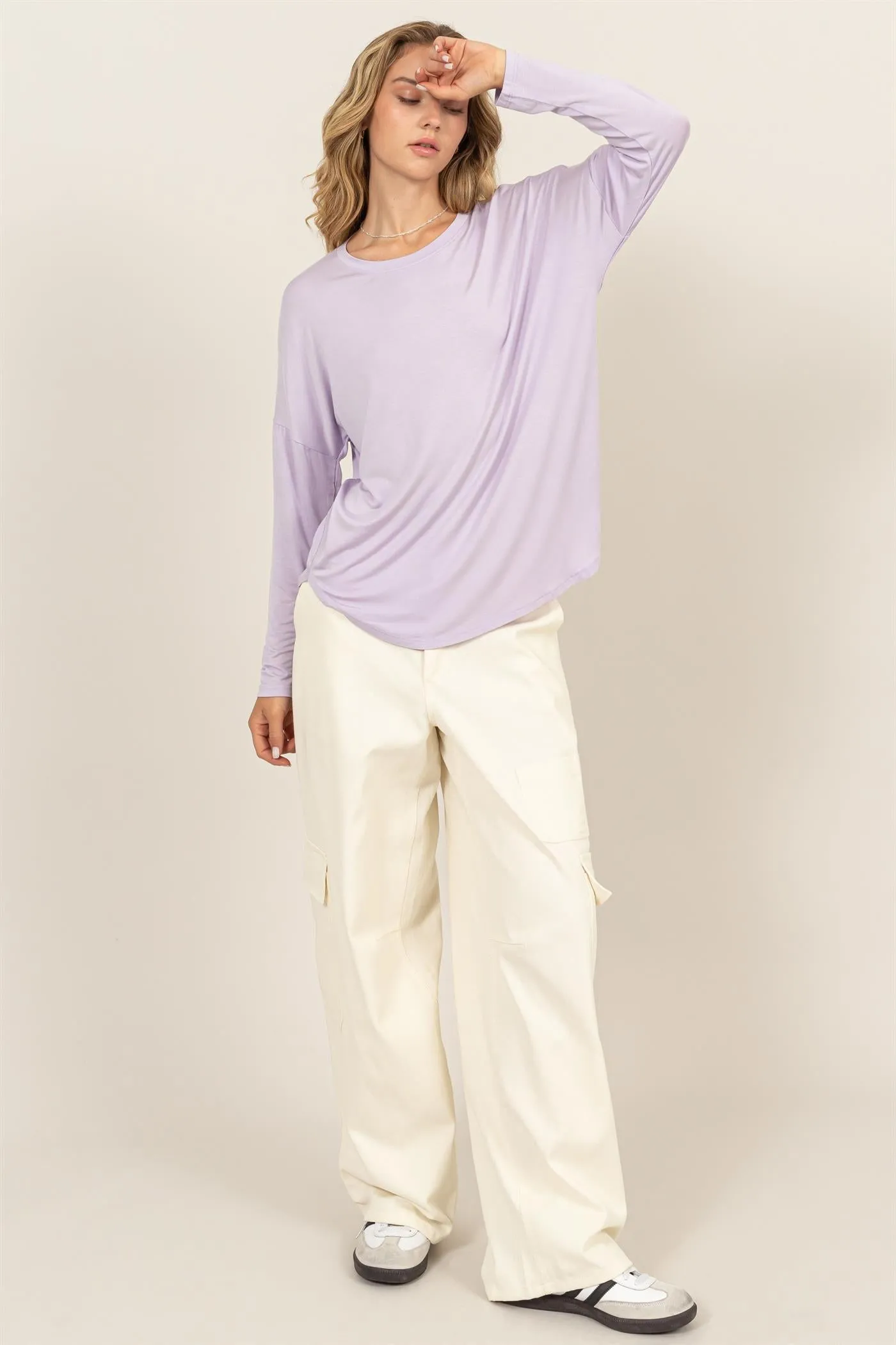 DZ24F349-Round Neck Long Sleeve Curved Hem Top