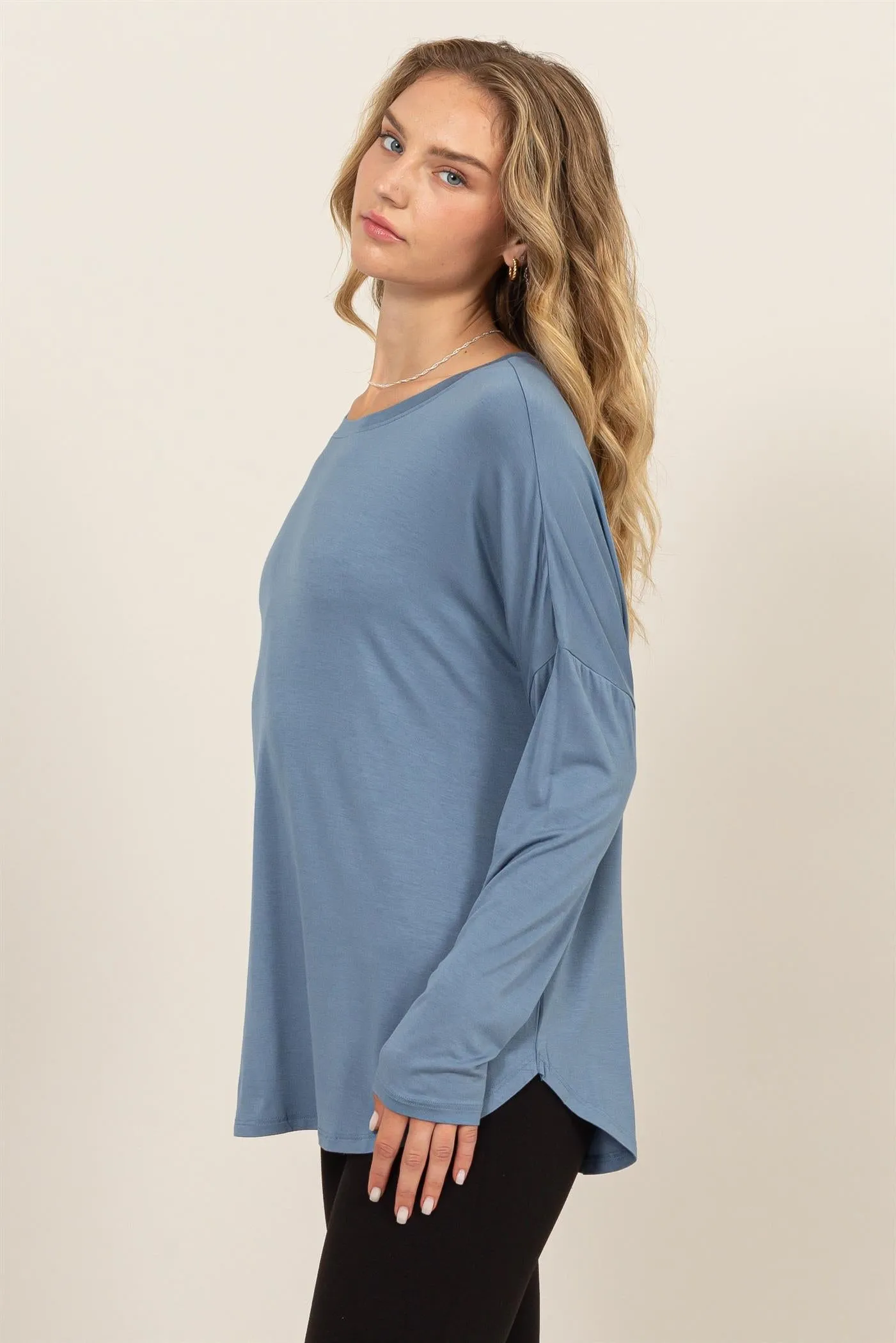 DZ24F349-Round Neck Long Sleeve Curved Hem Top